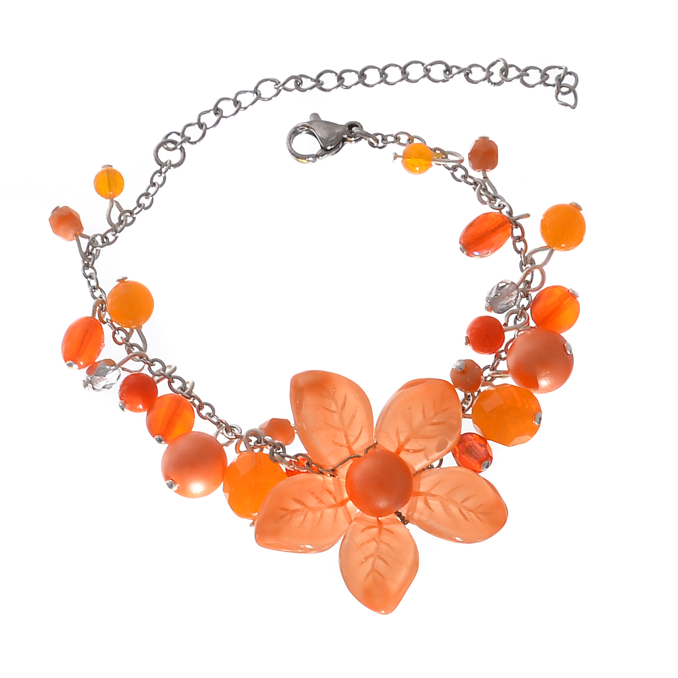 Oranžový náramek kytička s korálky n324-11